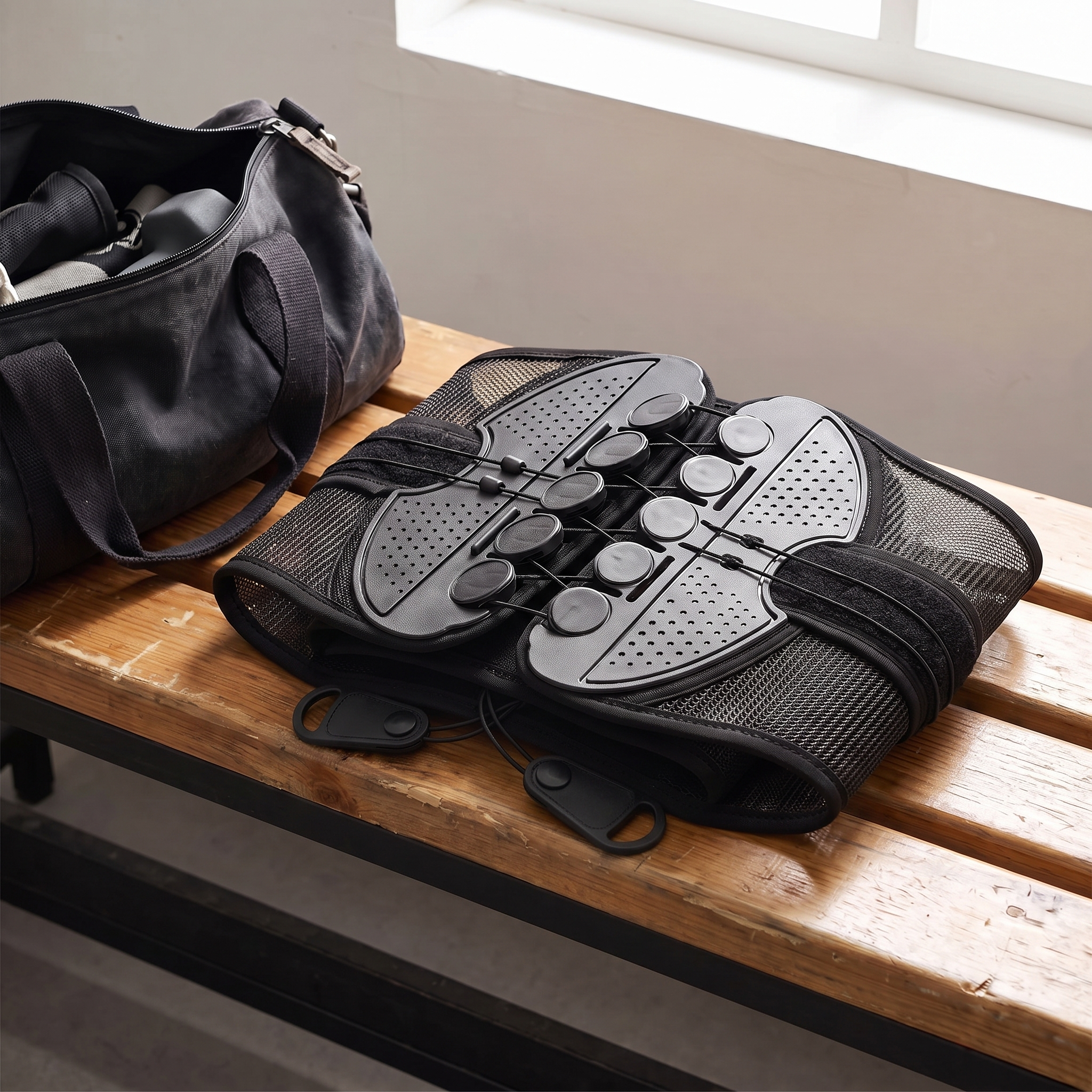 PostureEase support belt beside a gym bag